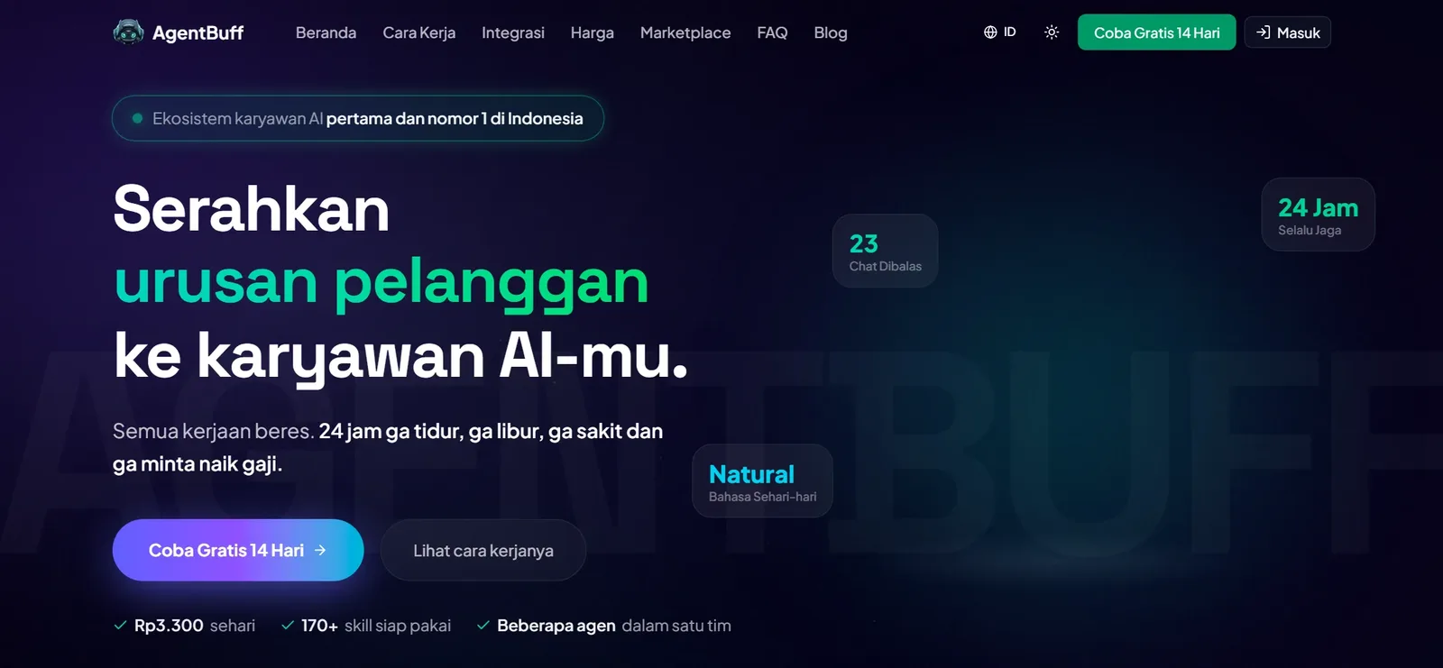 The agentbuff.id homepage: hand customer work to your AI employees