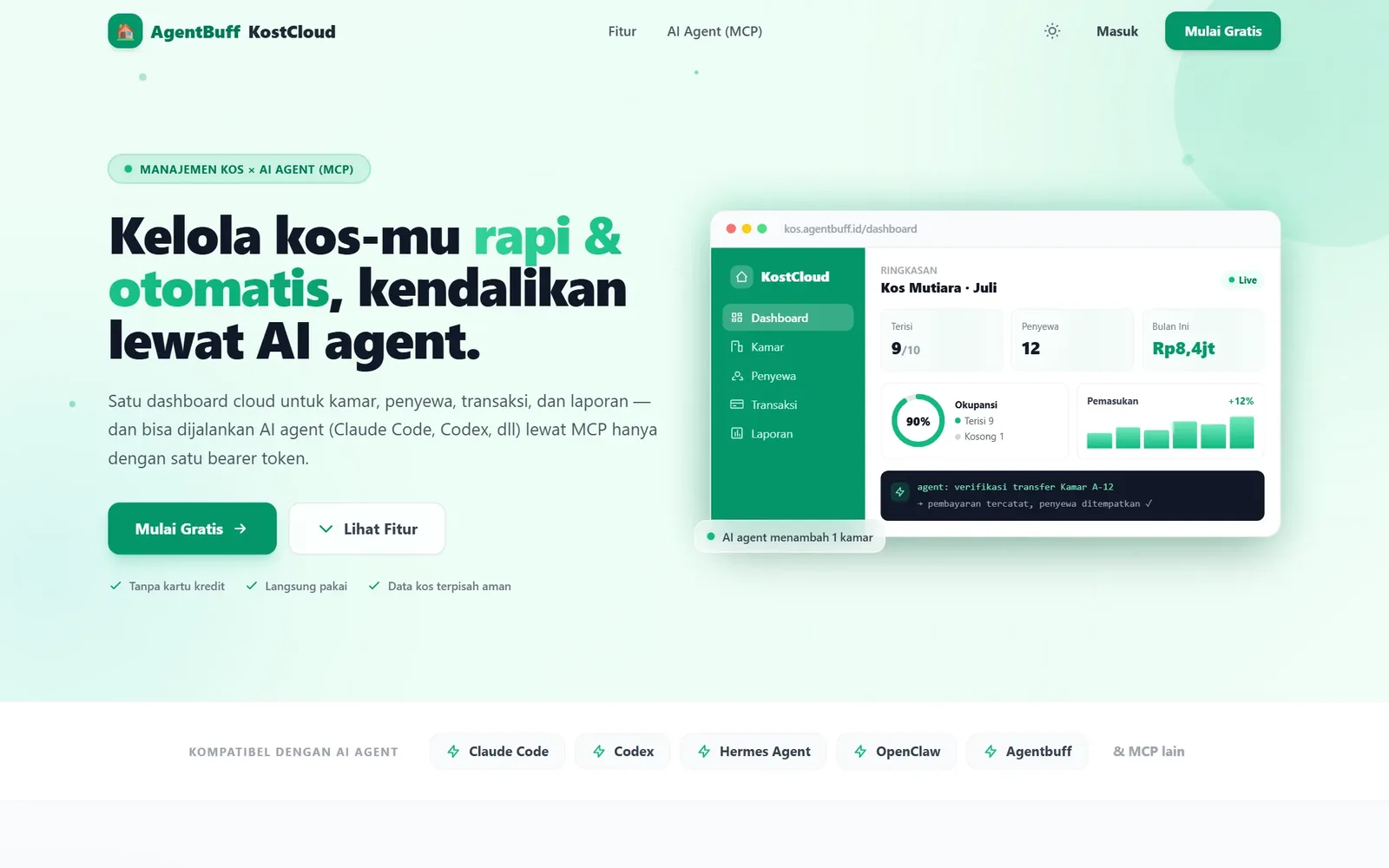 AgentBuff KostCloud, a boarding-house management product that AI agents can run over MCP