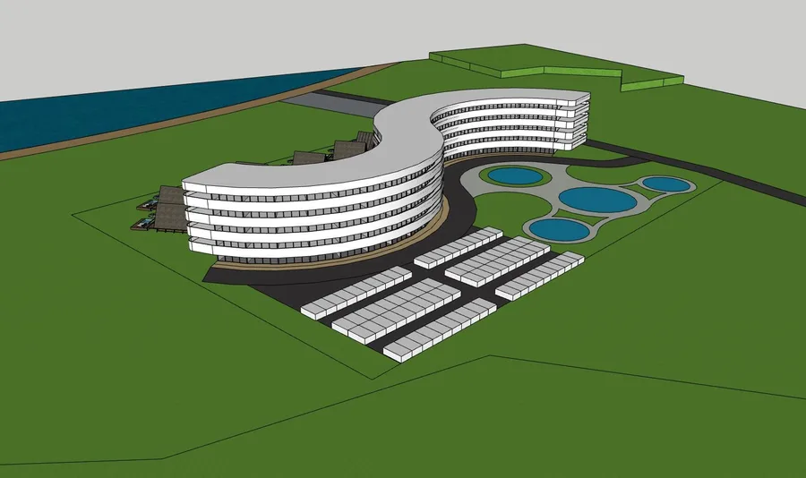 Massing, step 4: the final form with pool and parking