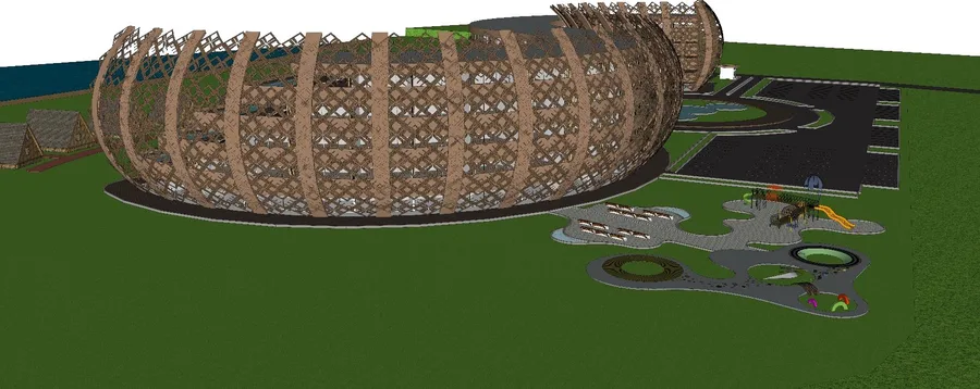 Arriving by the curved entrance road, with the roundabout and fountain in front of the lobby