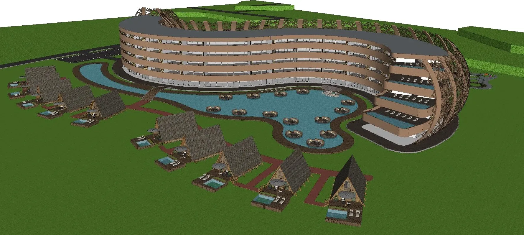 Aerial view: the curved main block, the organic pool with round gazebos and the A-frame cottages