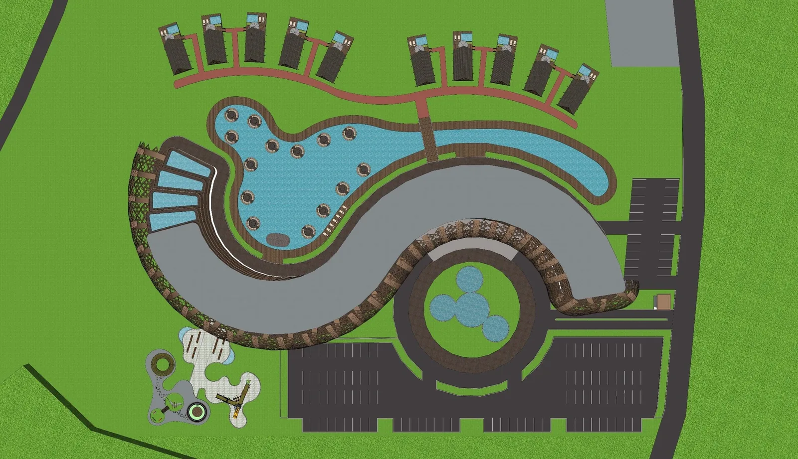 Site plan: main block, pool, ten cottages, parking, playground and the entrance roundabout