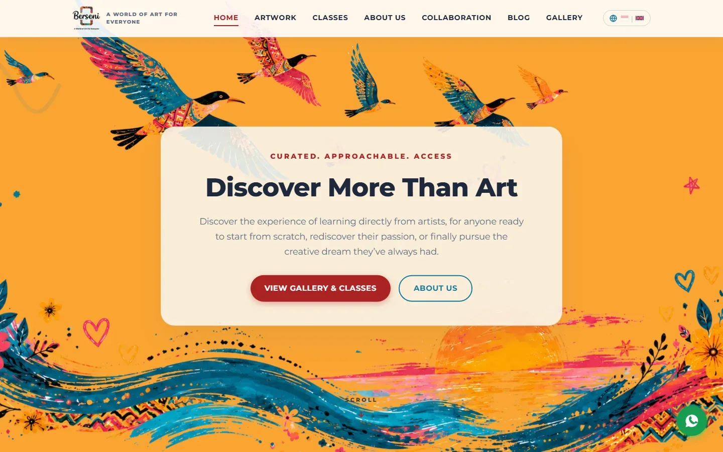 Berseni.id home page: "Discover More Than Art" over a painted hero of birds and waves