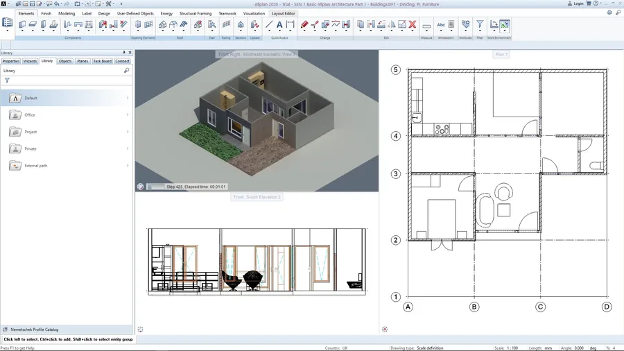 Allplan model of a one-storey house with its plan and elevation