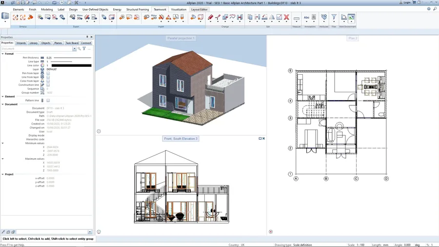 Allplan model of a two-storey house with its plan and section