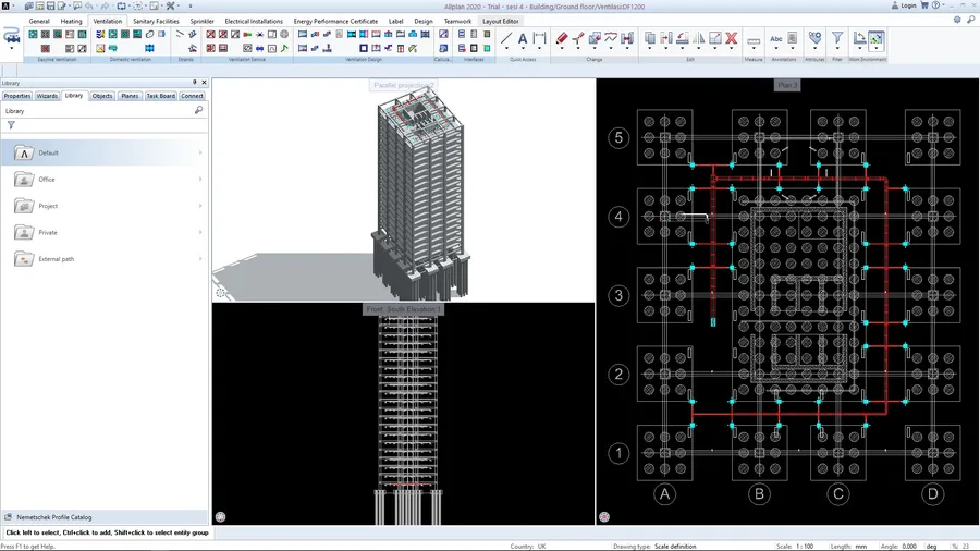 Ventilation routed through the high-rise model in Allplan