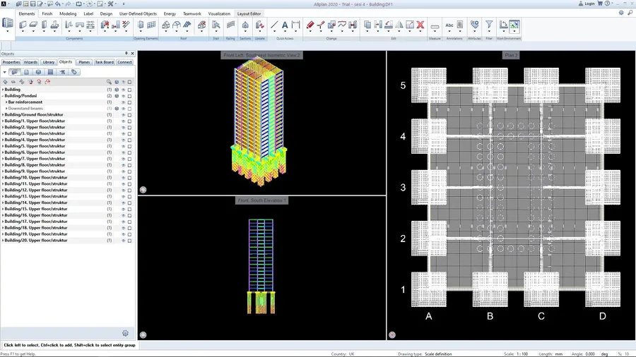 Reinforcement bars of the high-rise modelled from the foundation up