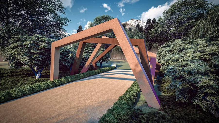 A walkway framed by angular timber portals