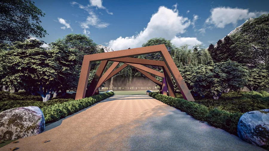 The timber portal walkway seen straight on