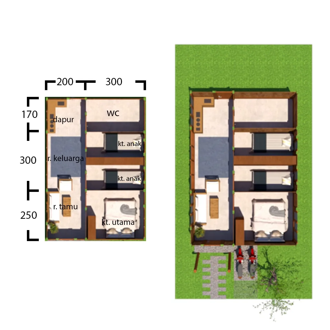 Floor plan of the 5 by 7.2 m house with a top-down view of the furnished rooms