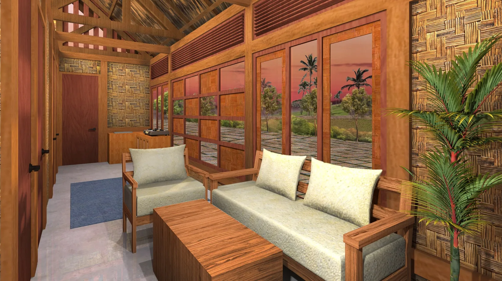 Inside a Grha Bhavana house: timber furniture, woven bamboo walls and a row of windows under high vents