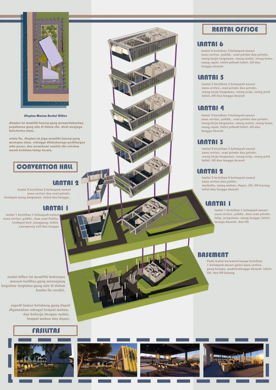 Exploded axonometric from the basement to floor 6, with the convention hall