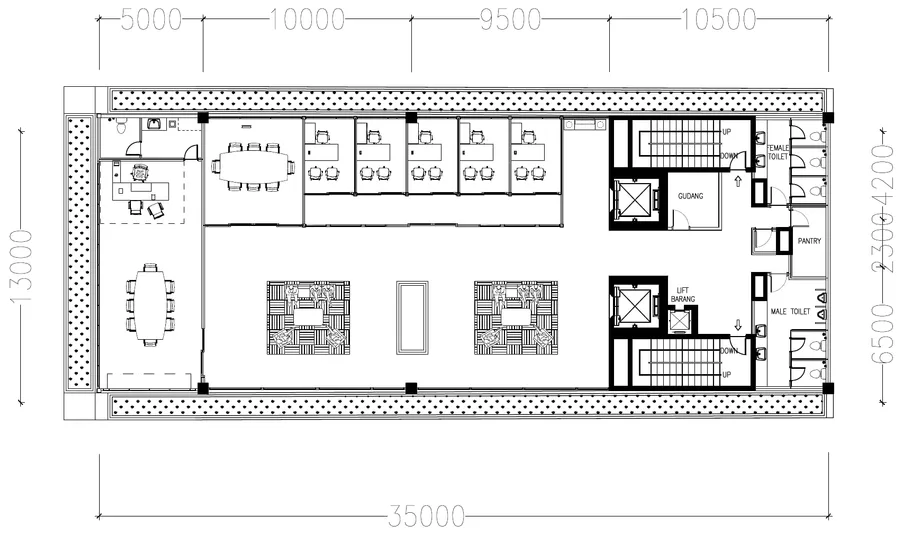 Plan of floors 4 and 6: workspace, meeting rooms, lounge, cores and toilets
