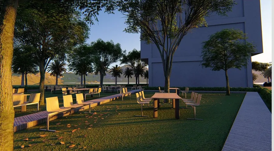 The back garden with tables for lunch or work