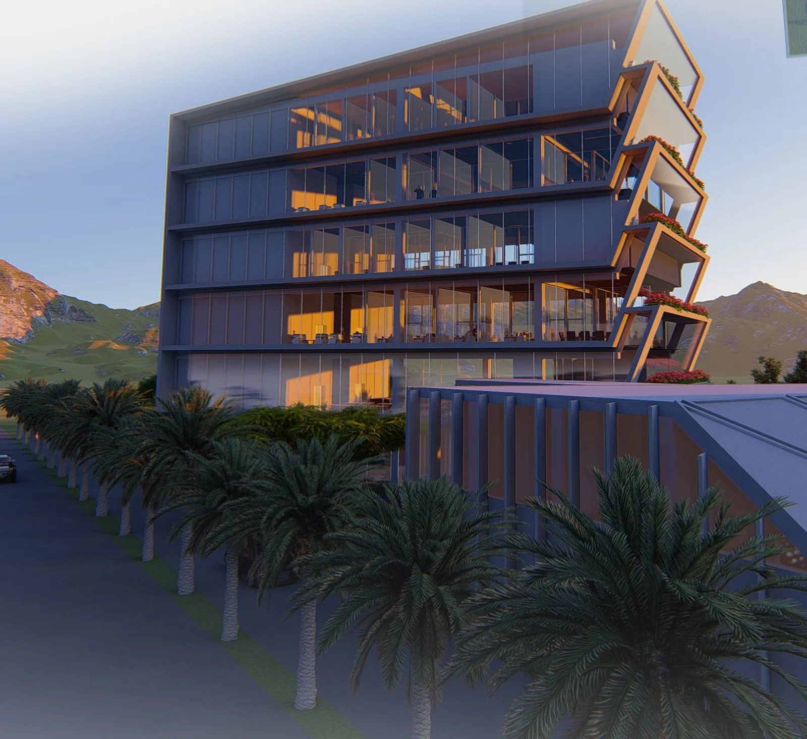 The tower and the convention hall at dusk