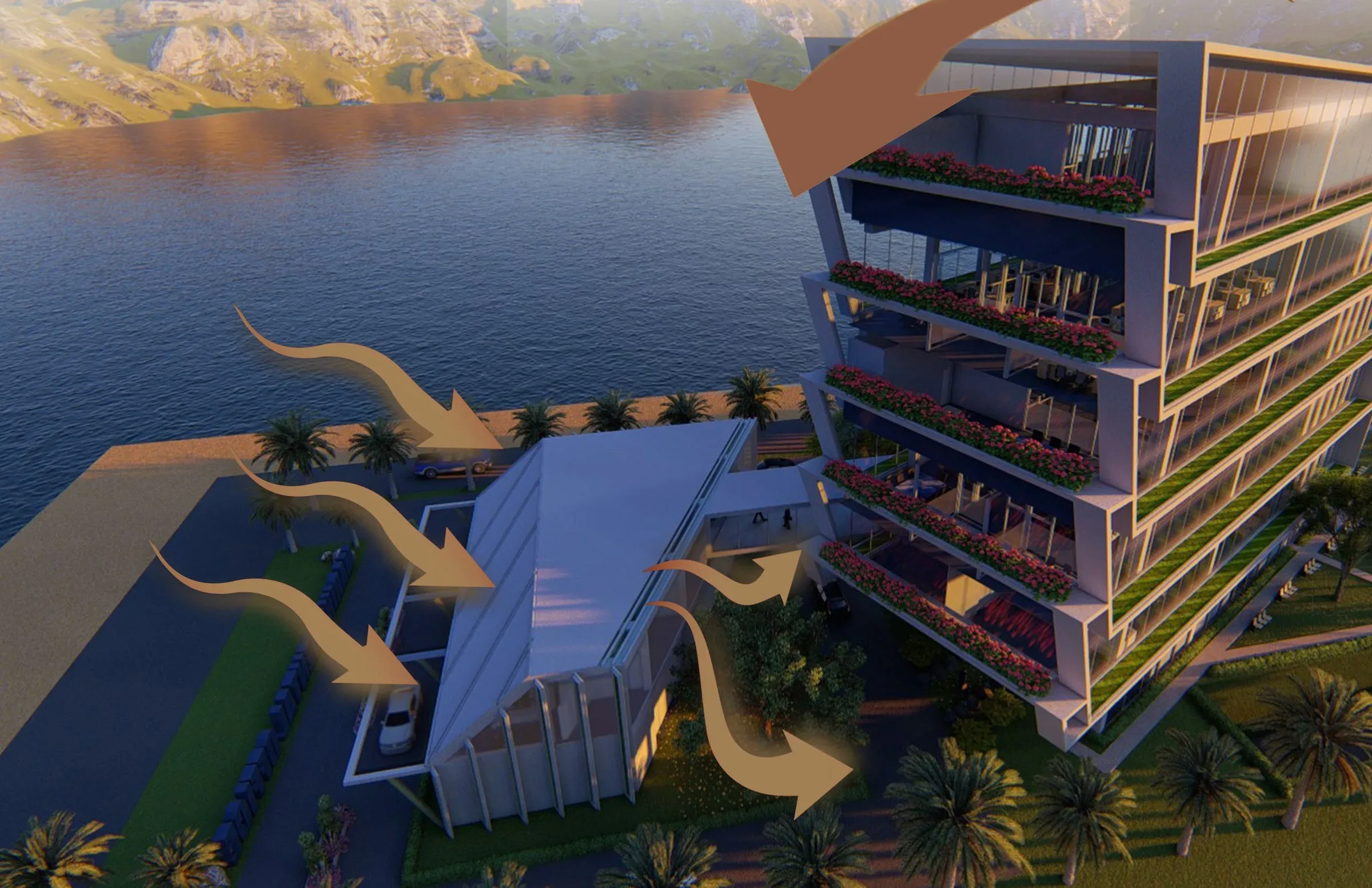 Marina Rental Office on the waterfront: a six-storey glass tower with planted balconies beside the convention hall