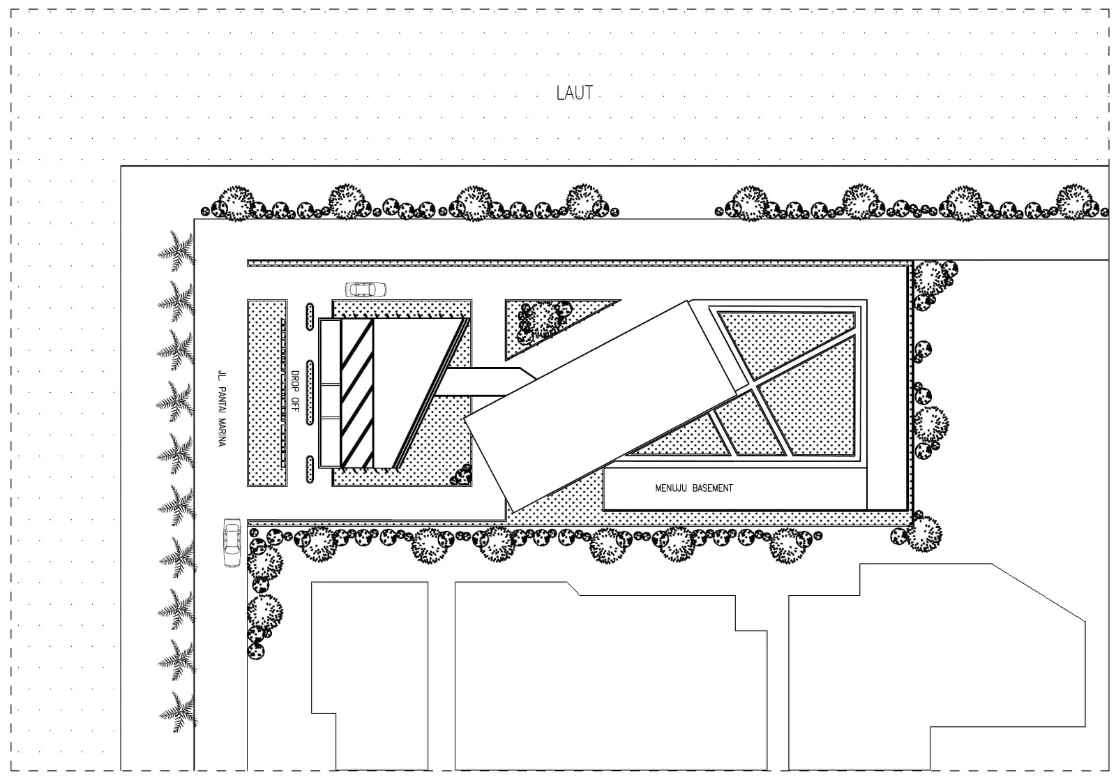 Site plan with the sea, the drop-off from the road, the tower and the convention hall
