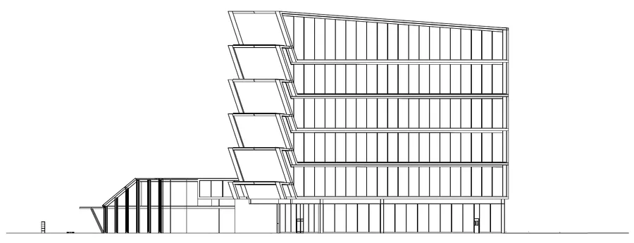 Side elevation: the stepped floors of the tower and the convention hall roof