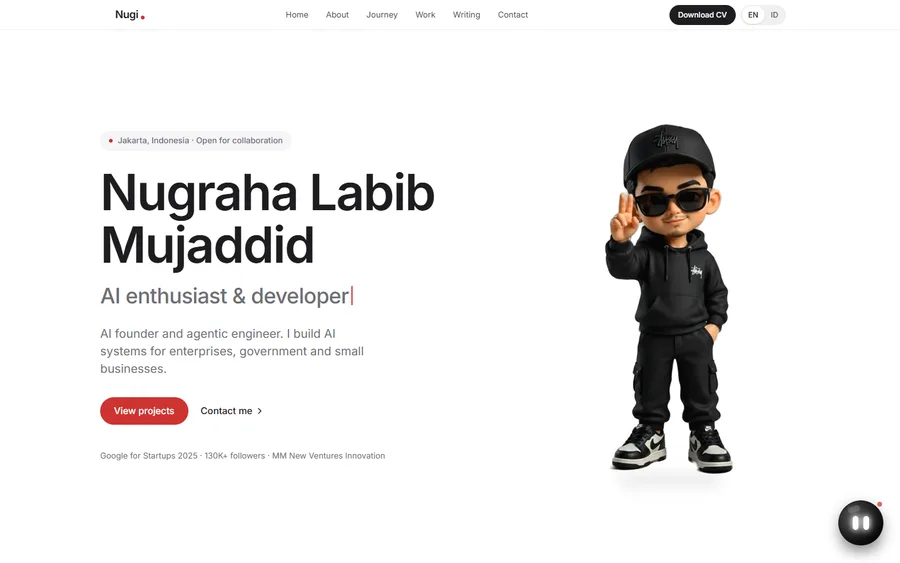 Home page of nugrahalabib.com in English: Nugraha Labib Mujaddid, AI founder, with his mascot