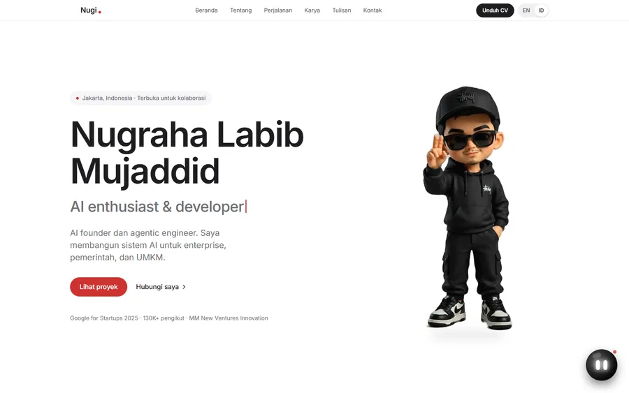 Beranda nugrahalabib.com versi Indonesia: Nugraha Labib Mujaddid, AI founder, dengan maskotnya