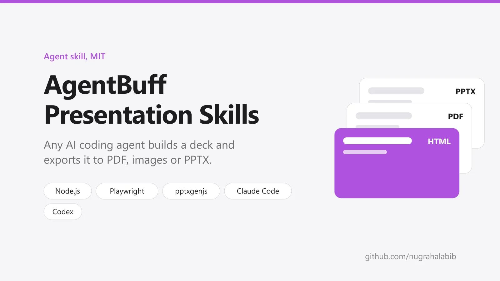 AgentBuff Presentation Skills: any AI coding agent builds a deck and exports it to PDF, images or PPTX