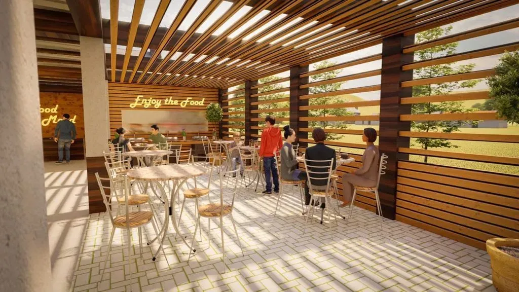 Dining area wrapped in horizontal timber slats