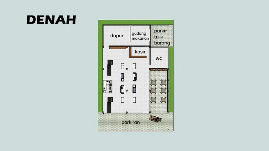Floor plan: kitchen, food storage and truck bay at the back; cashier, seating and parking toward the front