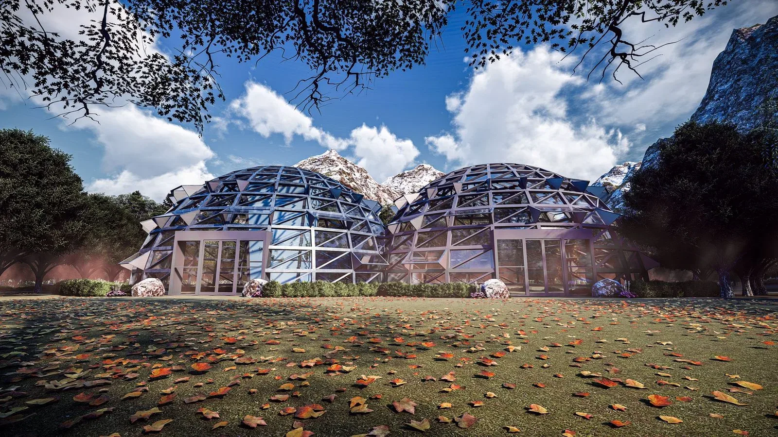 Render of the geodesic domes of the Pulau Panjang educational park, Banten