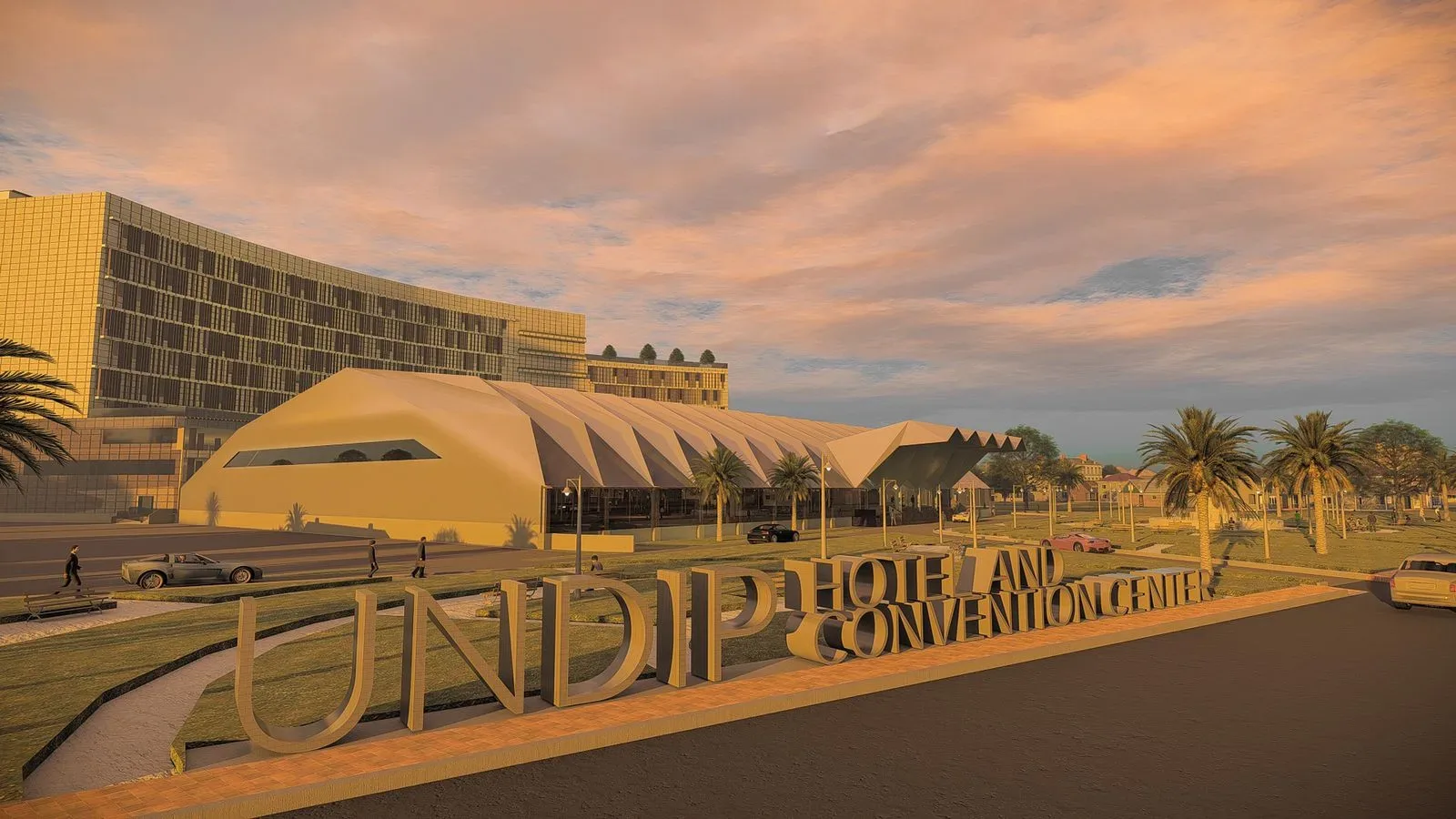 LAB.in Studio render of UNDIP Hotel and Convention Center at dusk