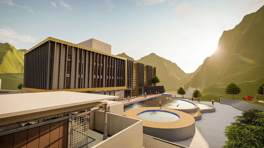 The hotel block and pools from a terrace