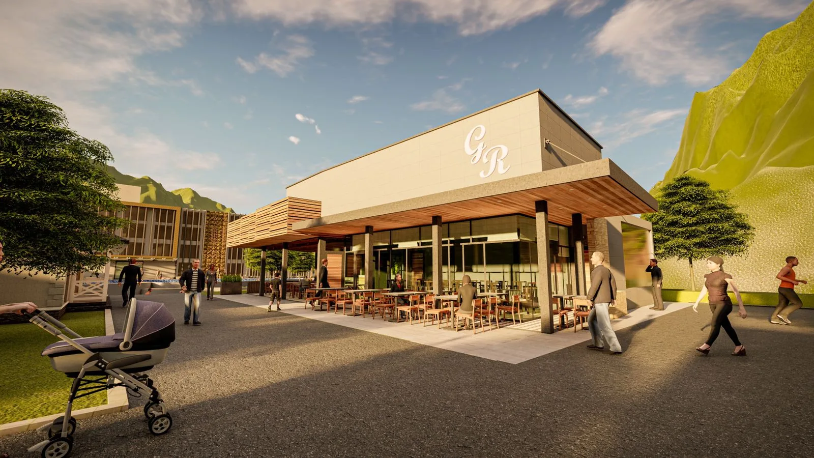 The restaurant with a timber canopy and outdoor seating
