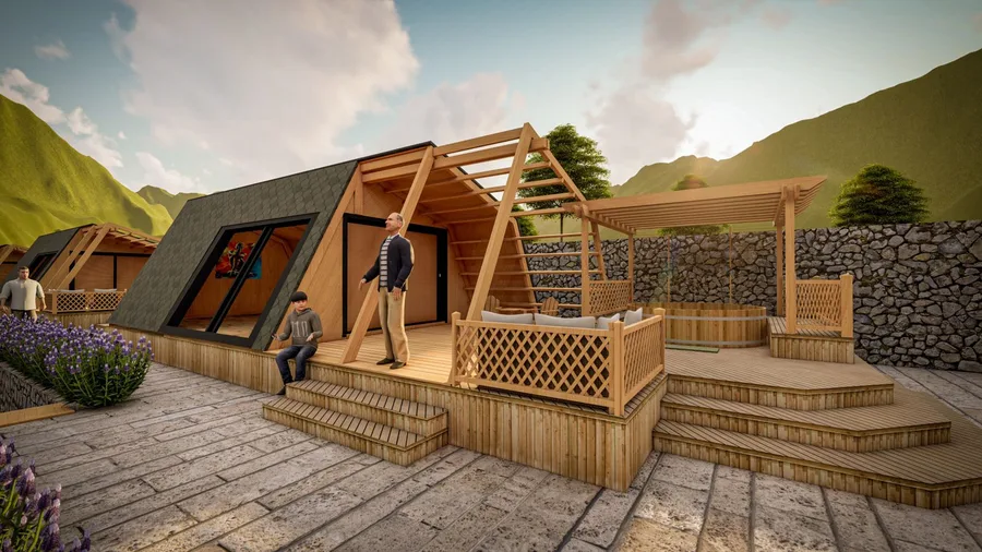 An A-frame timber cabin with its deck and pergola