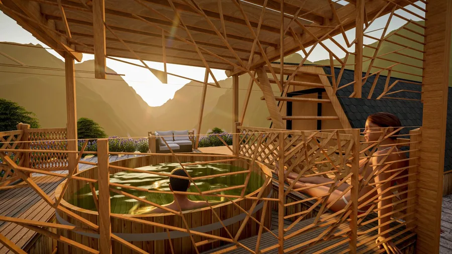 A round timber hot tub under a woven timber canopy